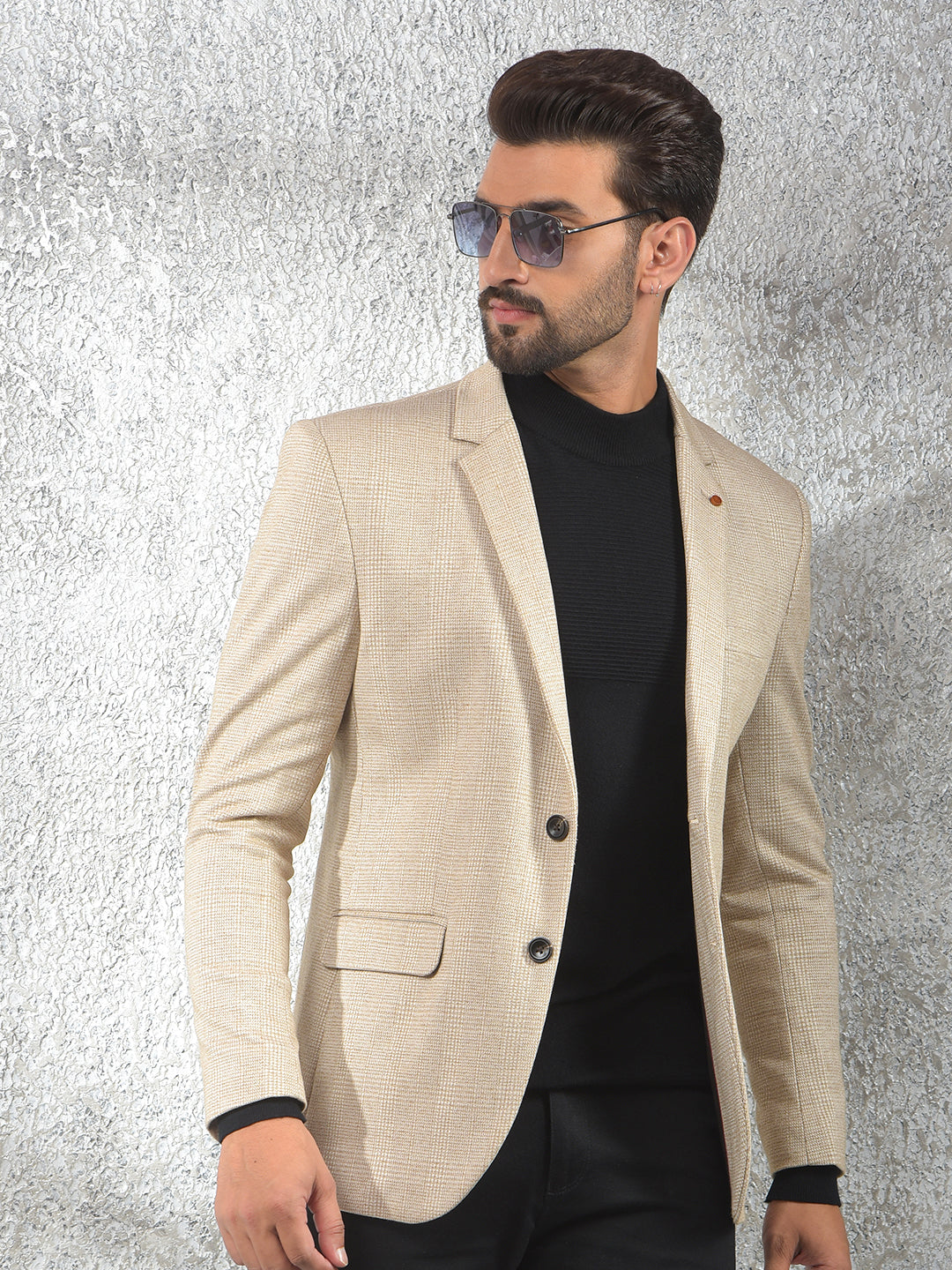 Beige Checked Notched Lapel Single-Breasted Blazer