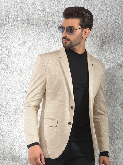 Beige Checked Notched Lapel Single-Breasted Blazer