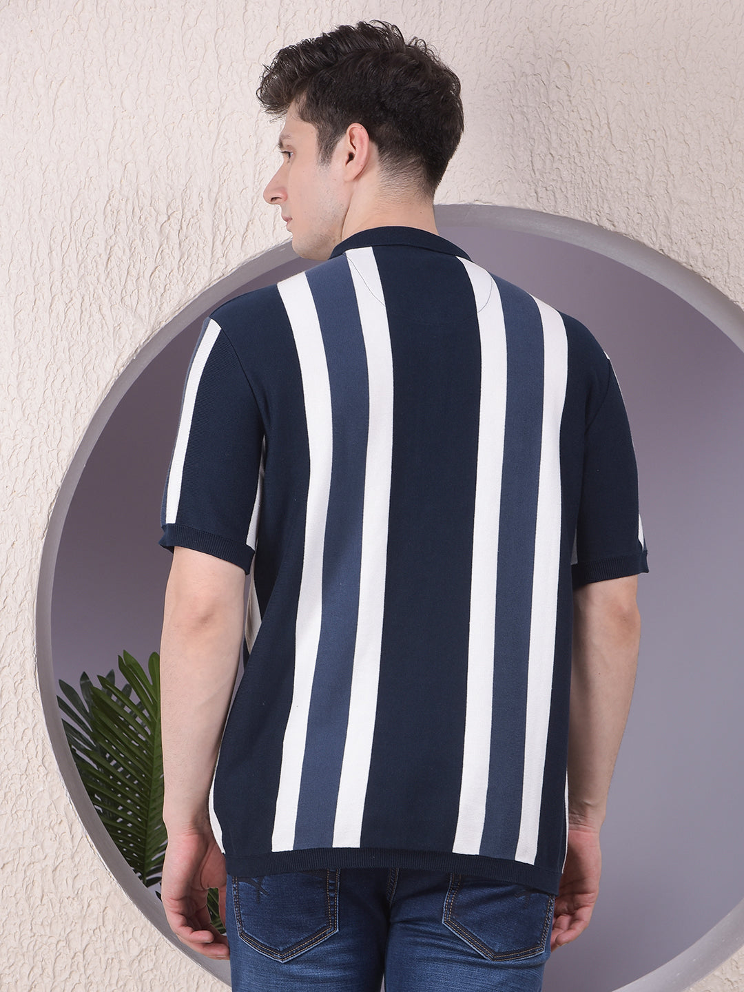 Navy Blue Vertical Stripes Polo Neck 100% Cotton T-Shirt