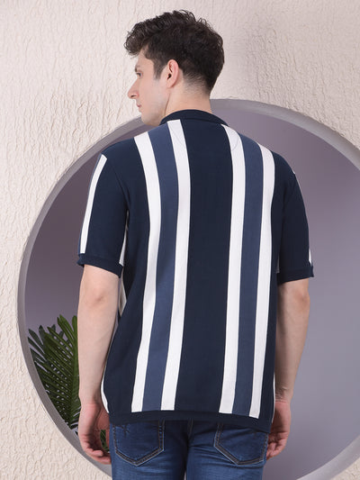 Navy Blue Vertical Stripes Polo Neck 100% Cotton T-Shirt