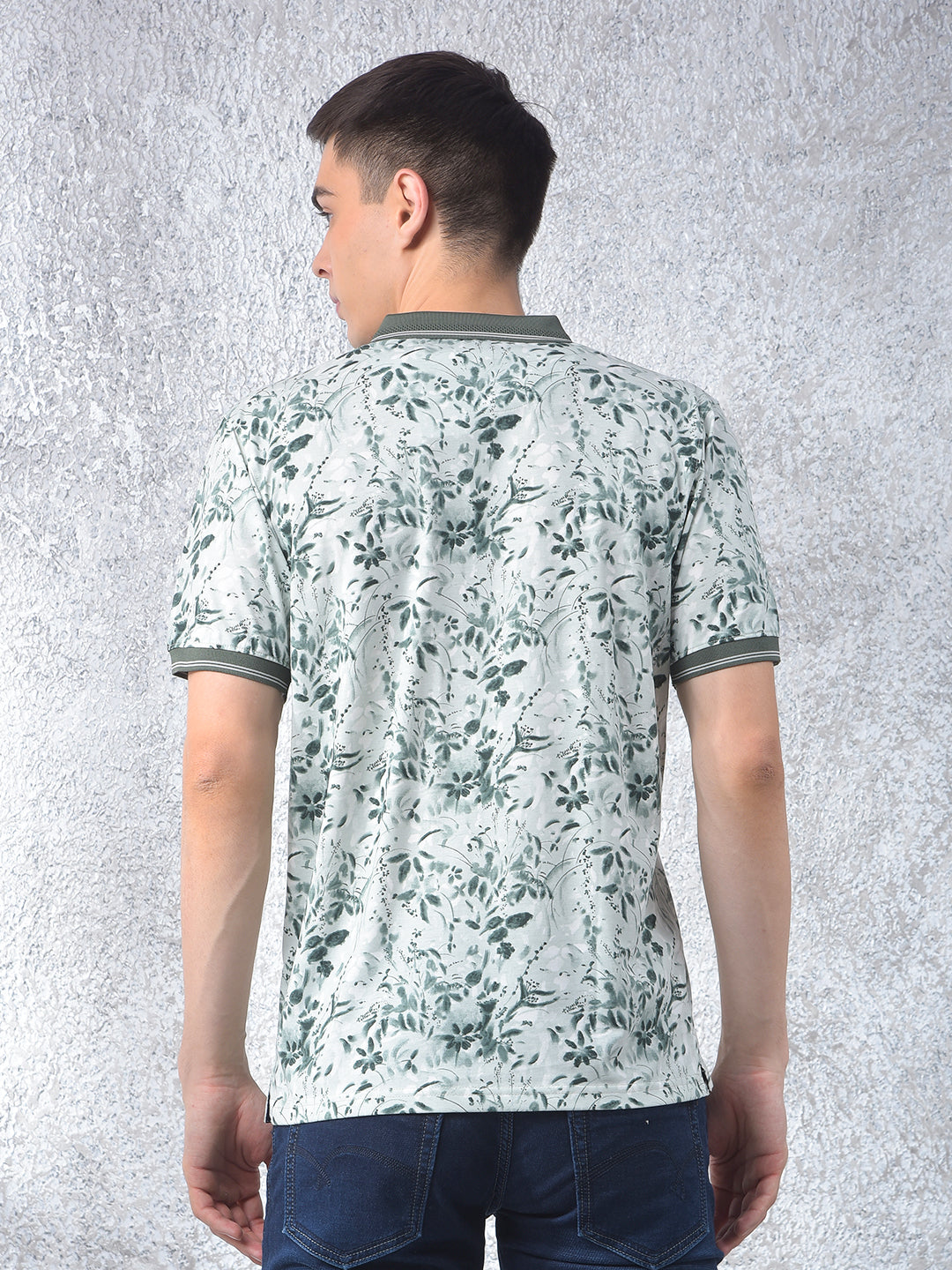 Olive Floral Print Polo-Neck T-Shirt