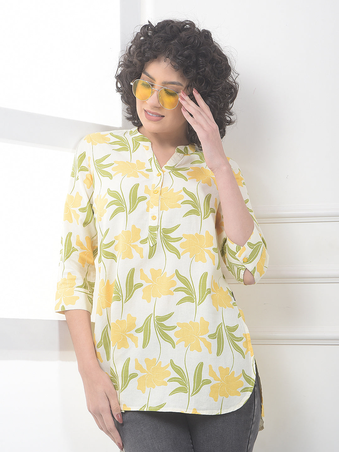 Yellow Floral Print V-Neck Linen Top