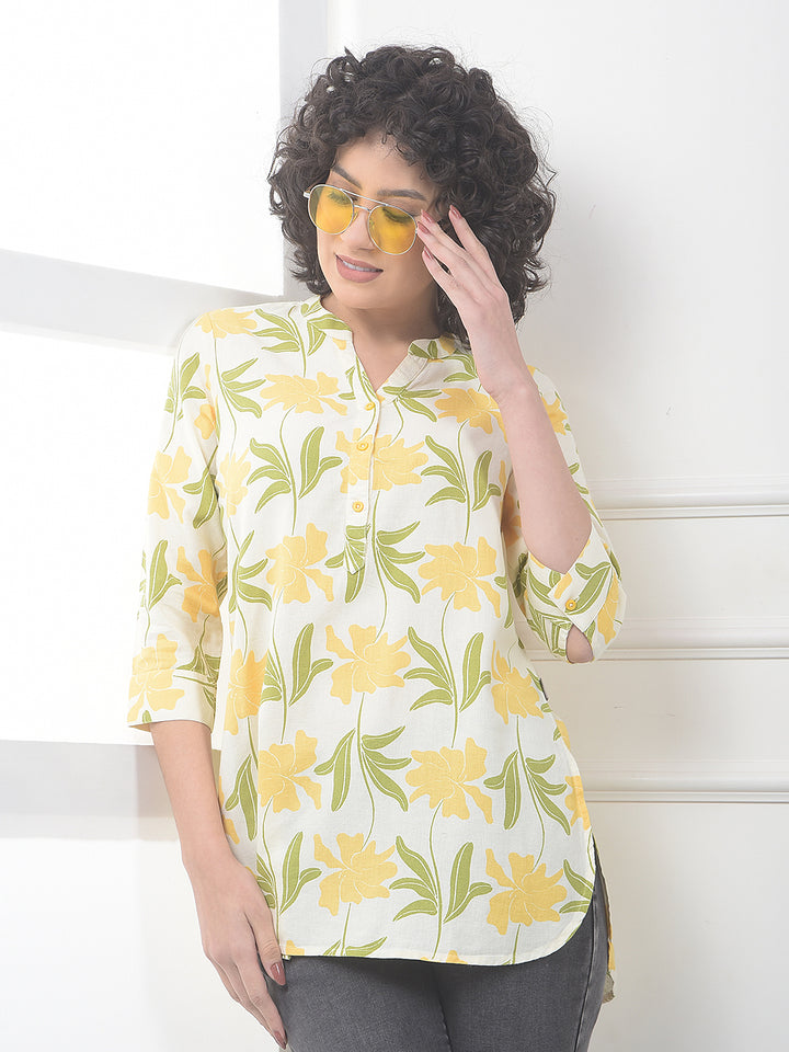 Yellow Floral Print V-Neck Linen Top