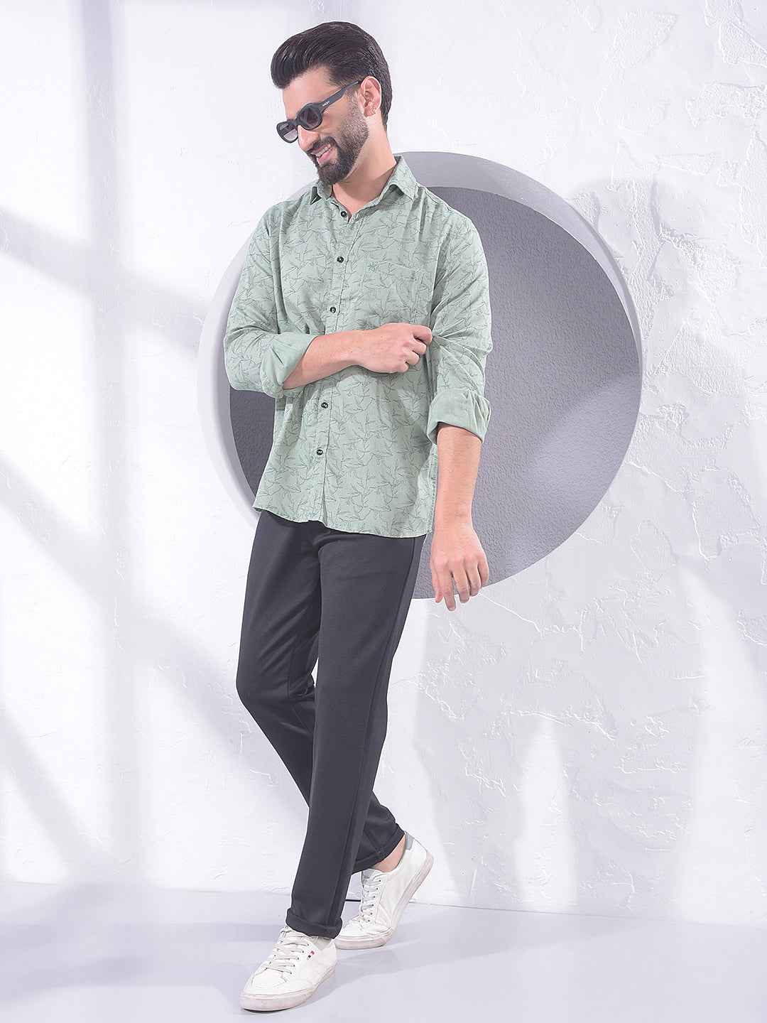 Green Floral Print Linen Shirt