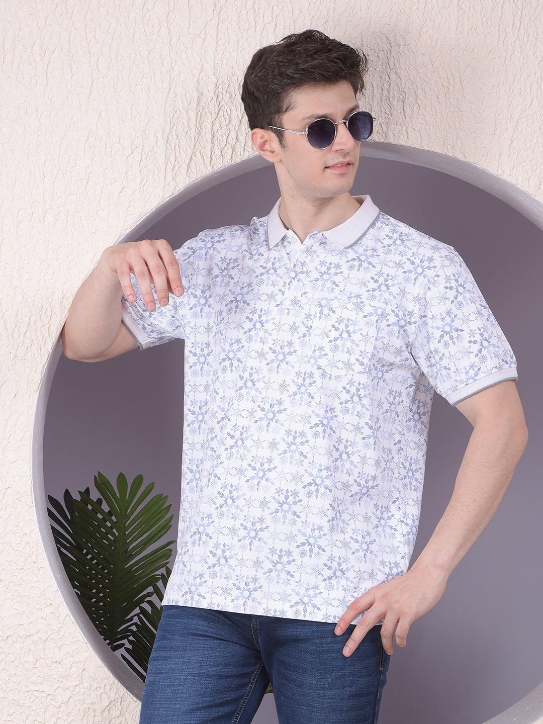 Blue Floral Print Polo-Neck T-Shirt