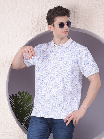 Blue Floral Print Polo-Neck T-Shirt