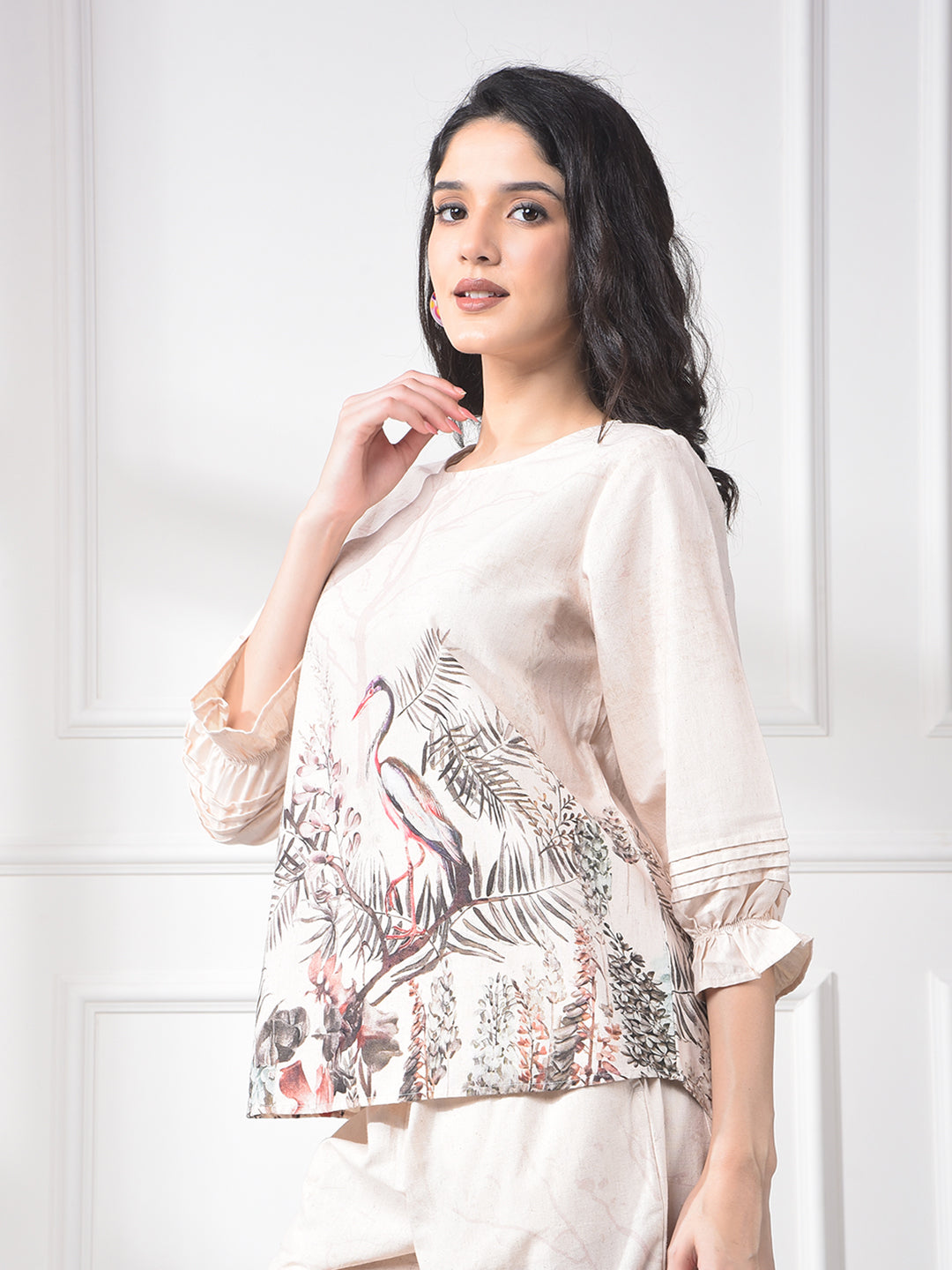 Peach Floral Print Linen Top