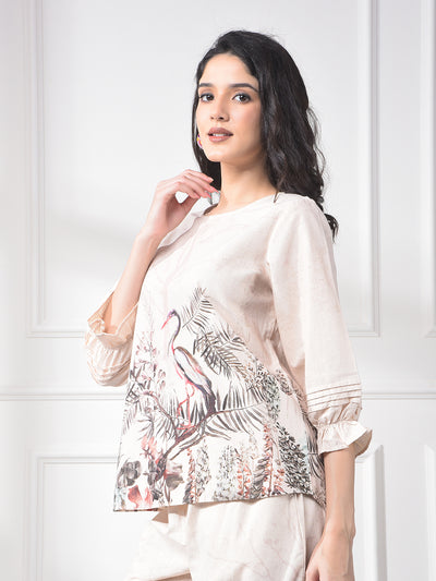 Peach Floral Print Linen Top