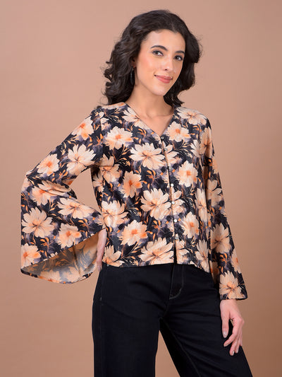 Peach Floral Print V-Neck Top