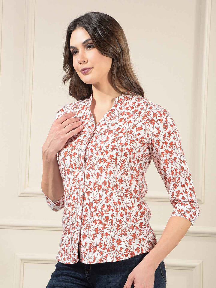 Red Floral Print V-Neck Shirt