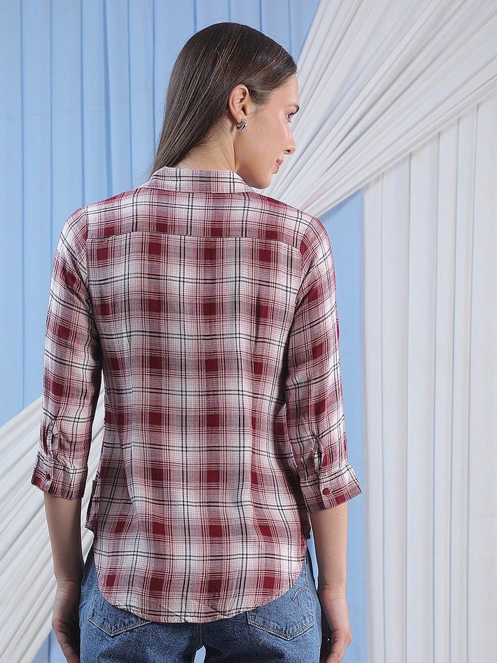 Minimalist Bordeaux Maroon Checked Shirt