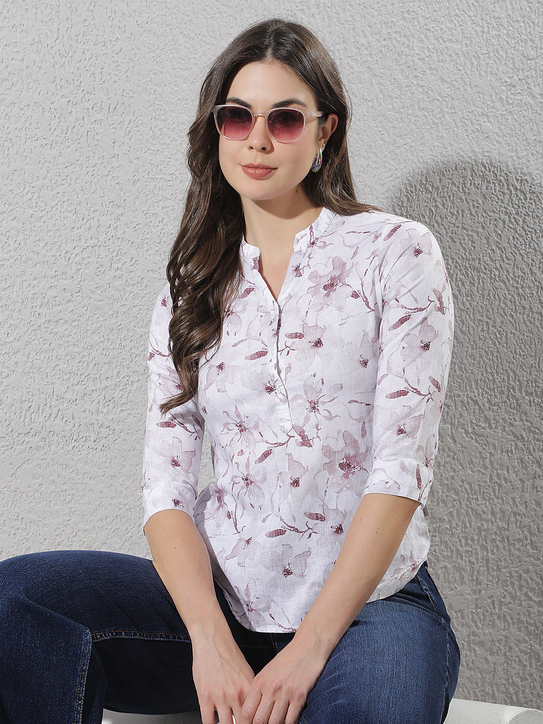 Purple Floral Print V-Neck Linen Top