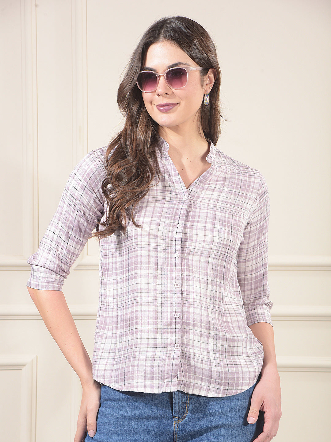 Purple Checked V-Neck Shirt
