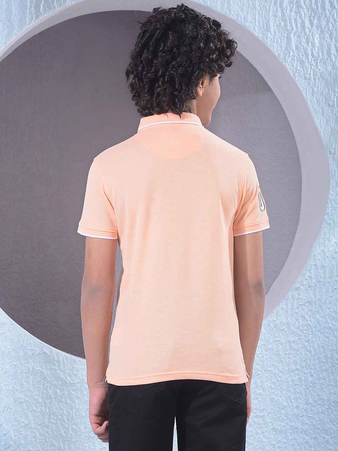 Peach Typographic Print Polo Neck T-Shirt