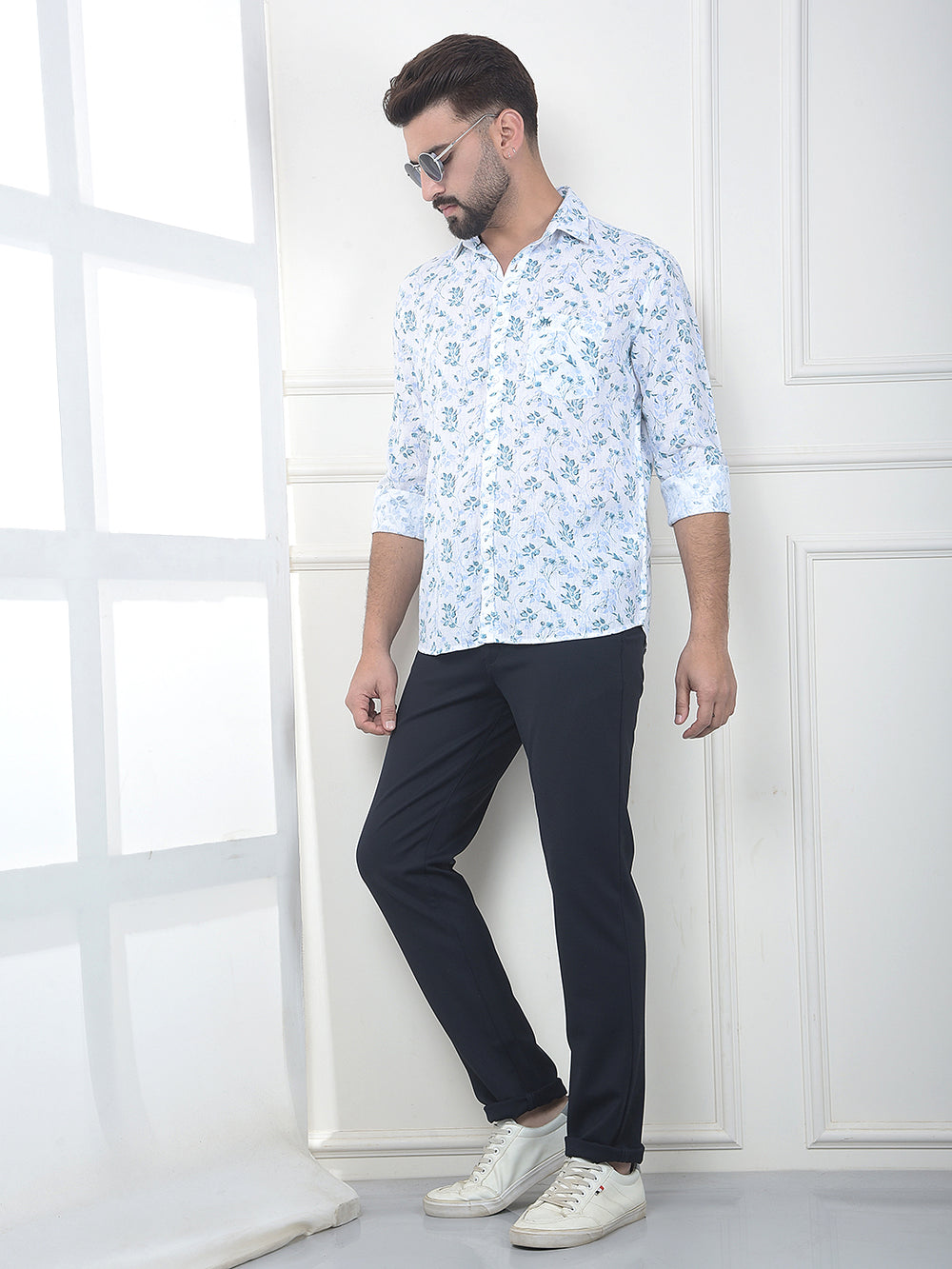 Ocean Blue Blue Floral Print Linen Shirt