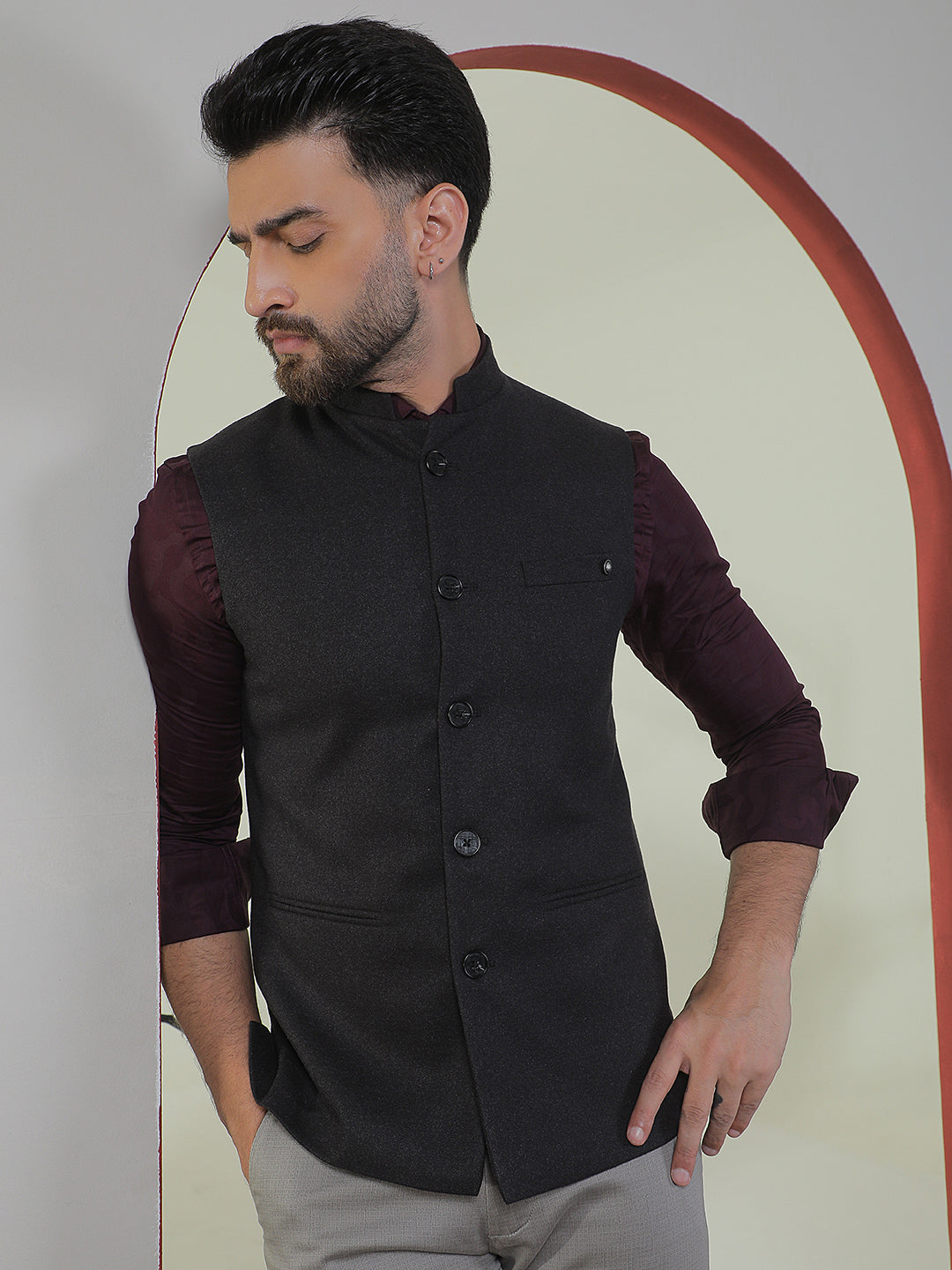 Structured Onyx Black Sleeveless Waistcoat
