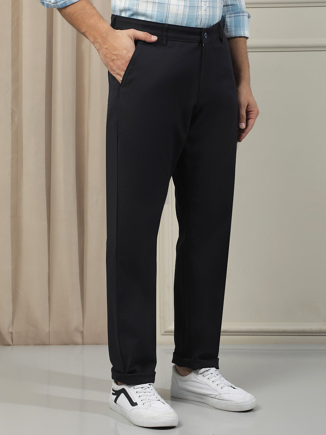 Navy Blue Cotton Stretchable Dobby Trousers