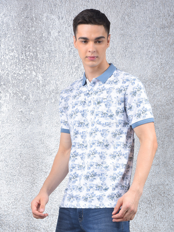 Green Floral Print Polo-Neck T-Shirt