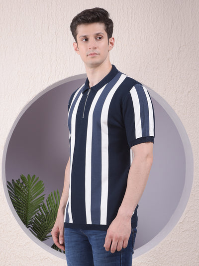 Navy Blue Vertical Stripes Polo Neck 100% Cotton T-Shirt