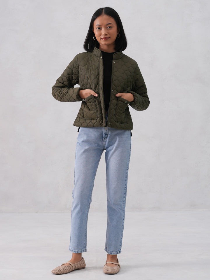 Green Quilted High-Neck Jacket