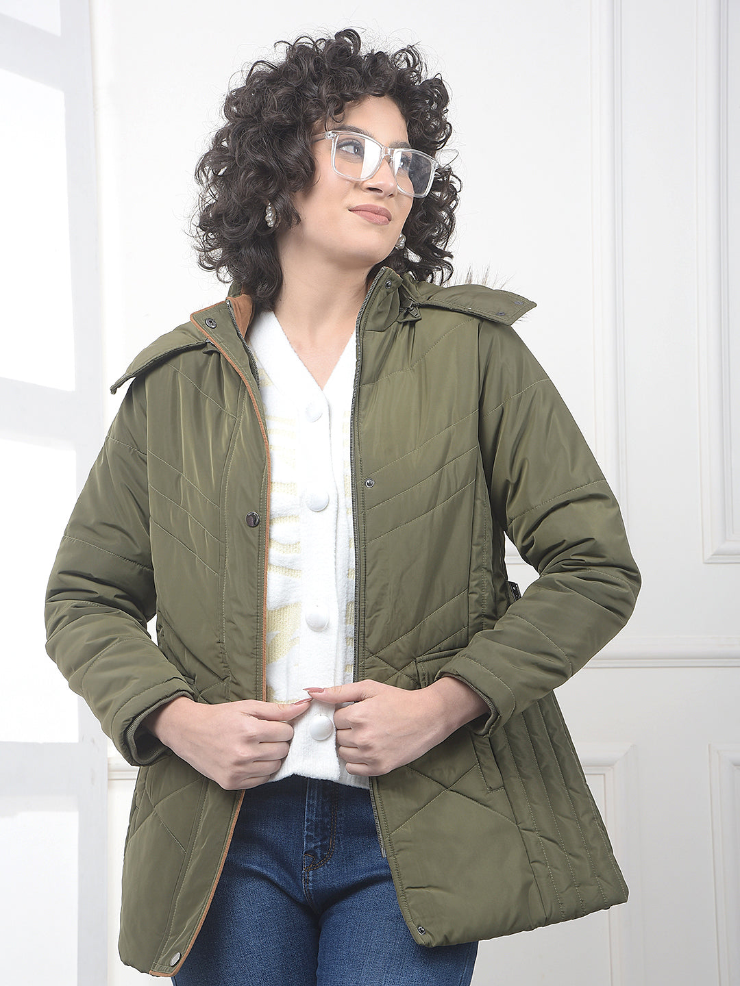 Green Hooded Neck Puffer Jacket