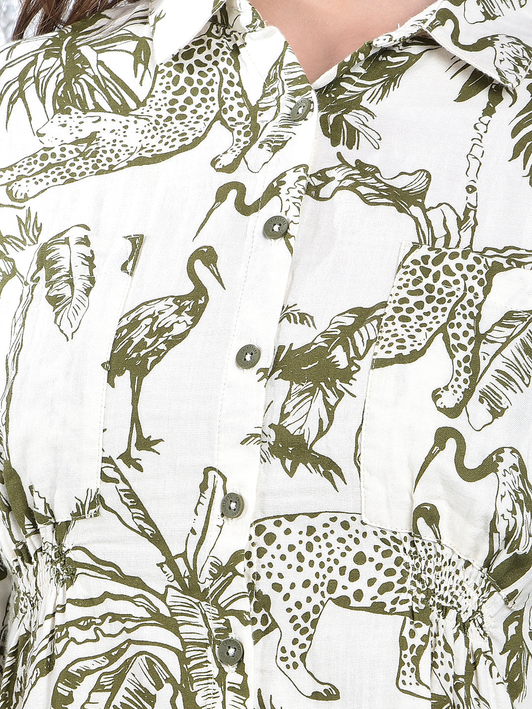 Olive Floral Print 100% Cotton Mini Shirt-Dress