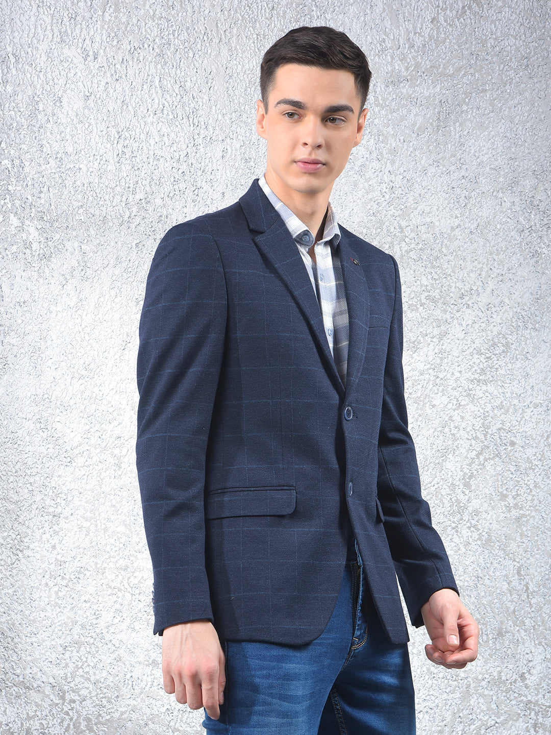 Navy Blue Checked Notched Lapel Single Breasted Blazer