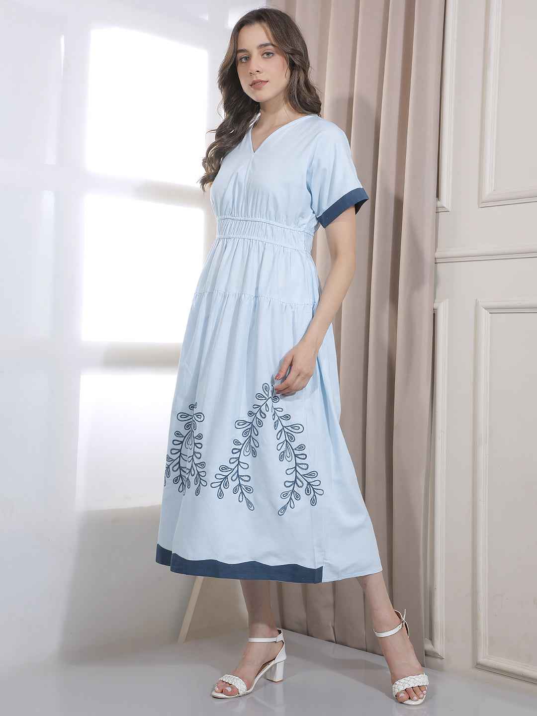 Blue Embroidered V-Neck A-Line Midi  Dress