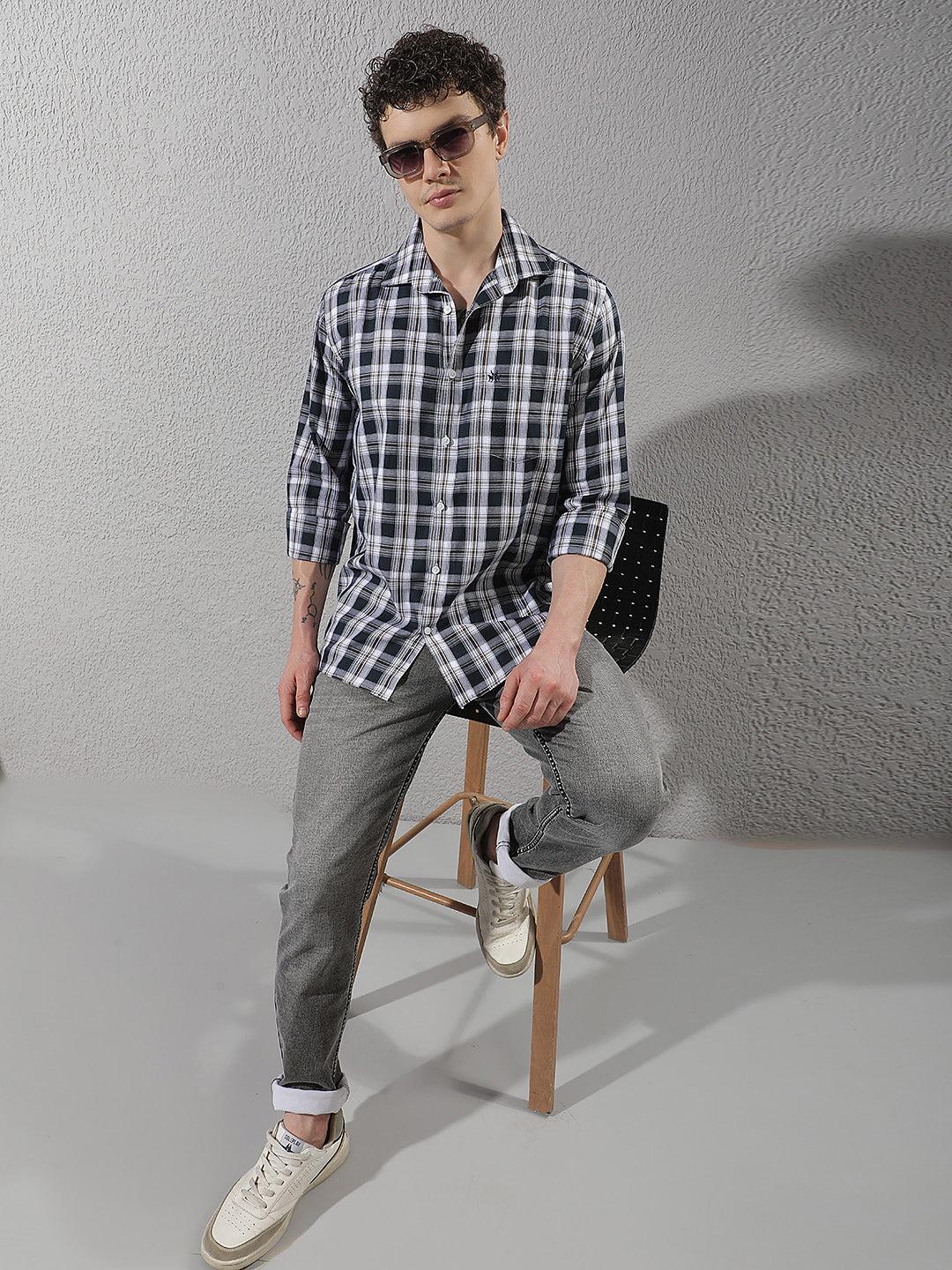 Navy Blue Checked 100% Cotton Shirt