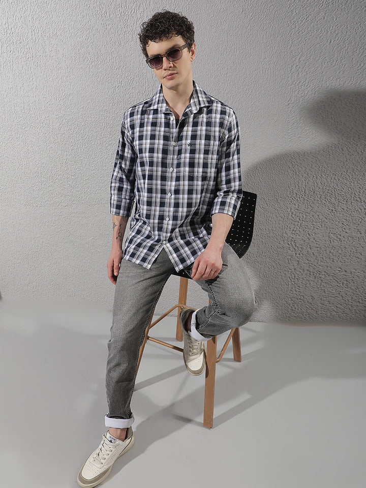 Navy Blue Checked 100% Cotton Shirt