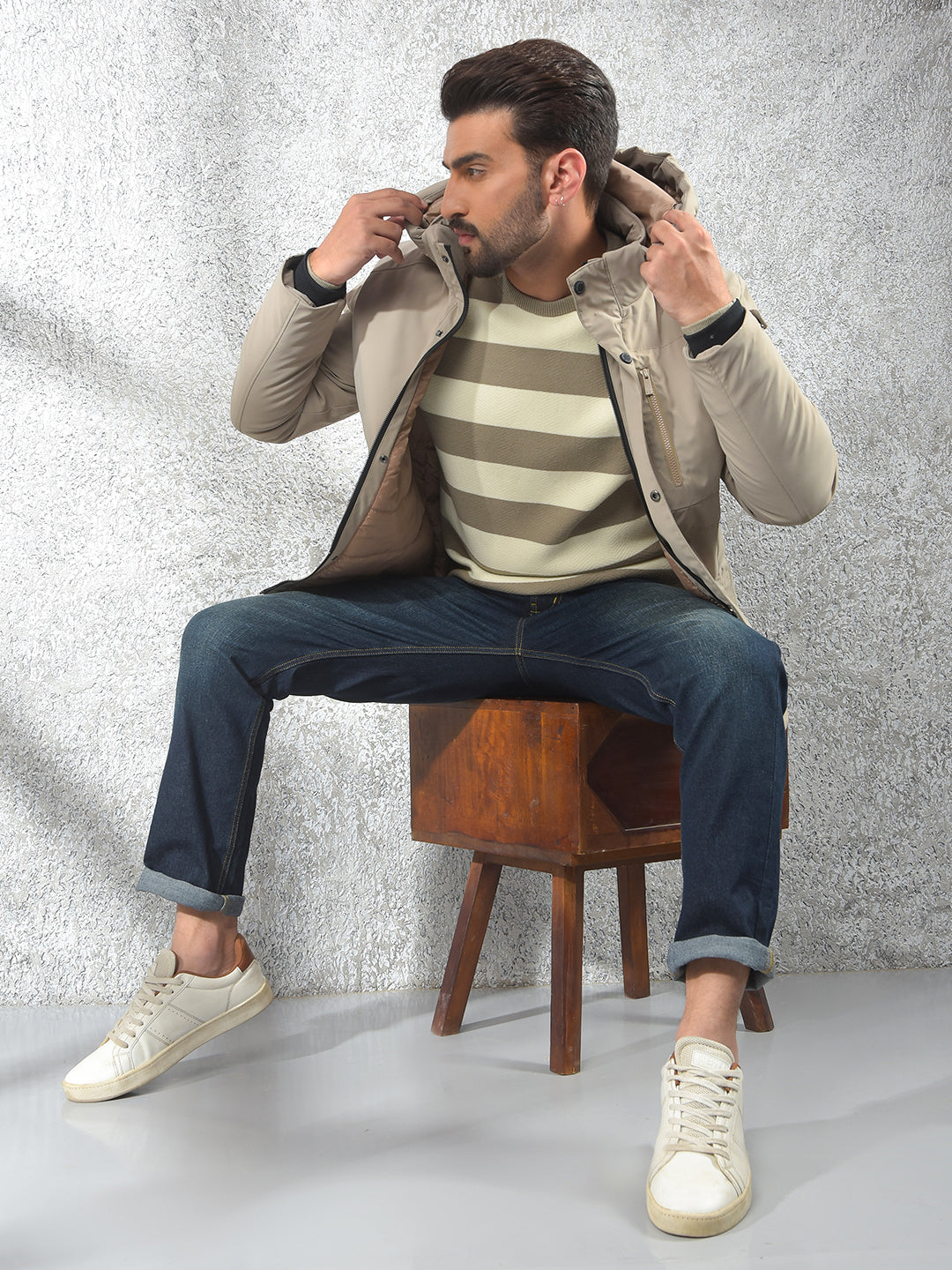 Beige Hooded Neck Puffer Jacket