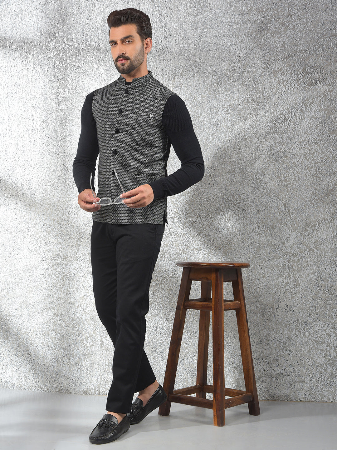 Contemporary Black Printed Waist Coat