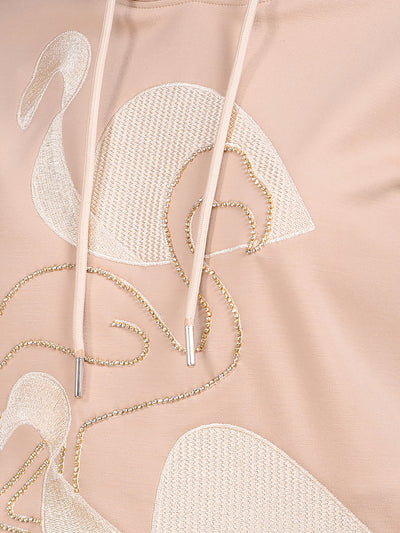 Beige Embellished Hooded Neck Sweatshirt