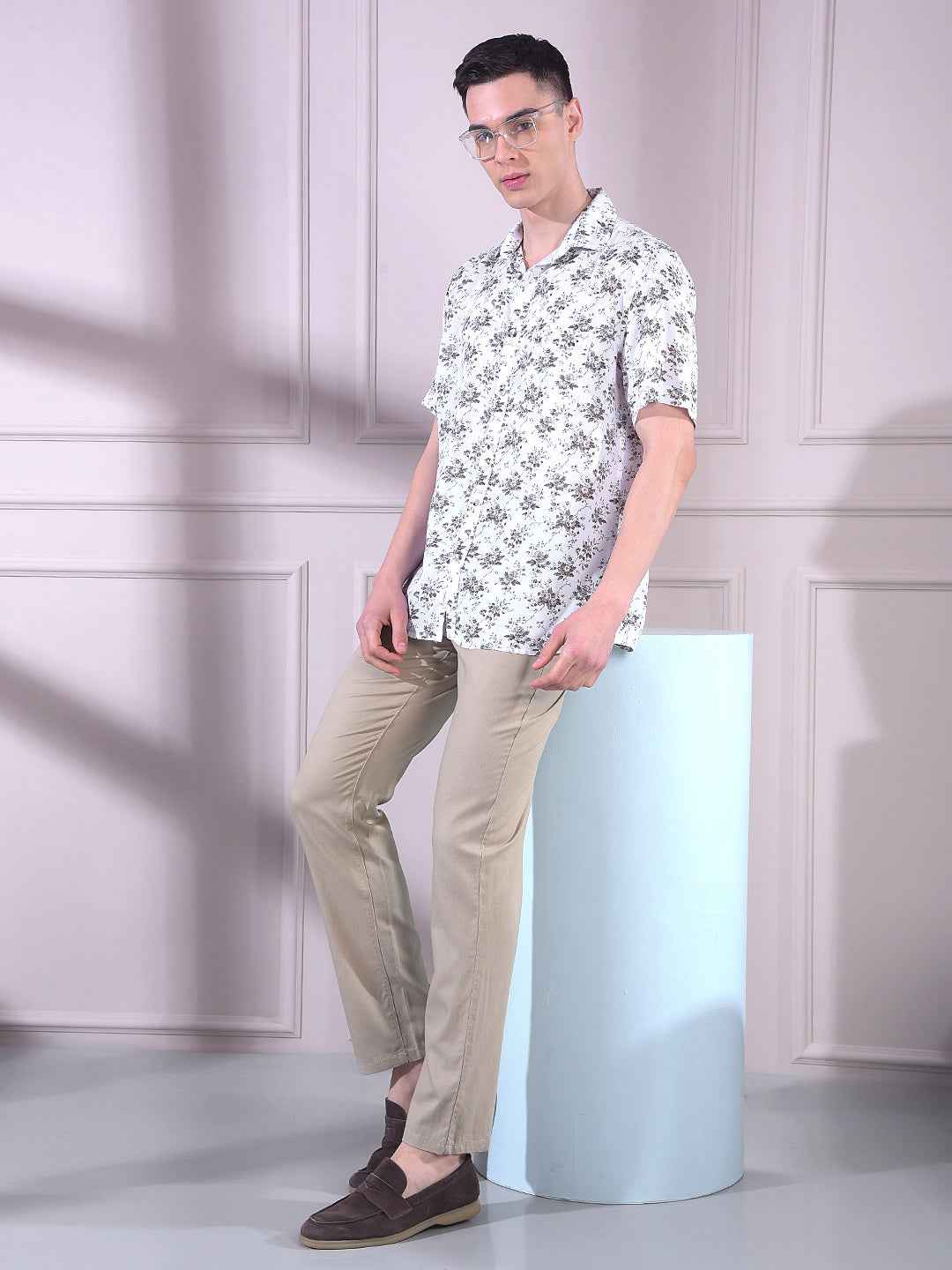 White Linen Floral Print Shirt