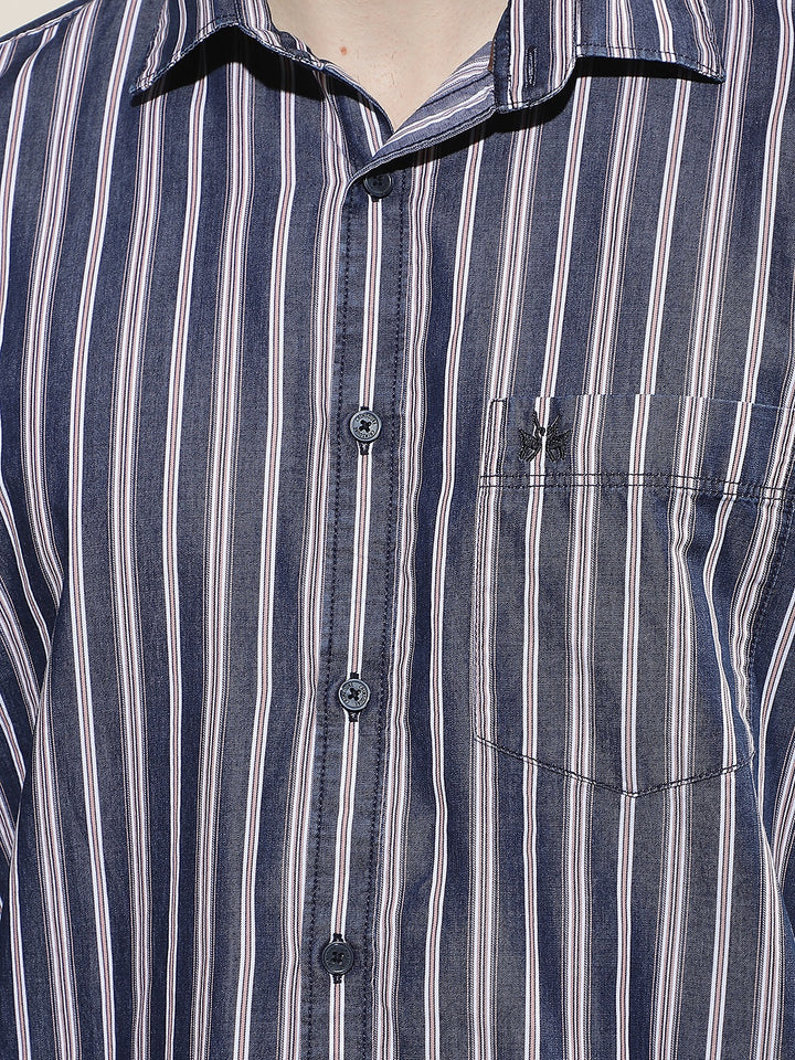 Navy Blue Vertical Stripes 100% Cotton Shirt