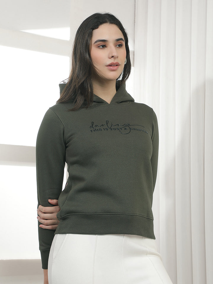 Olive Typographic Print Hooded Neck Sweatshirt