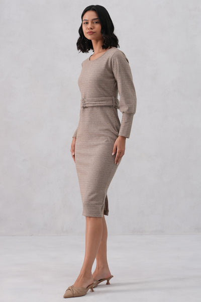 Beige Vertical Stripes Winter Bodycon Belted-Dress