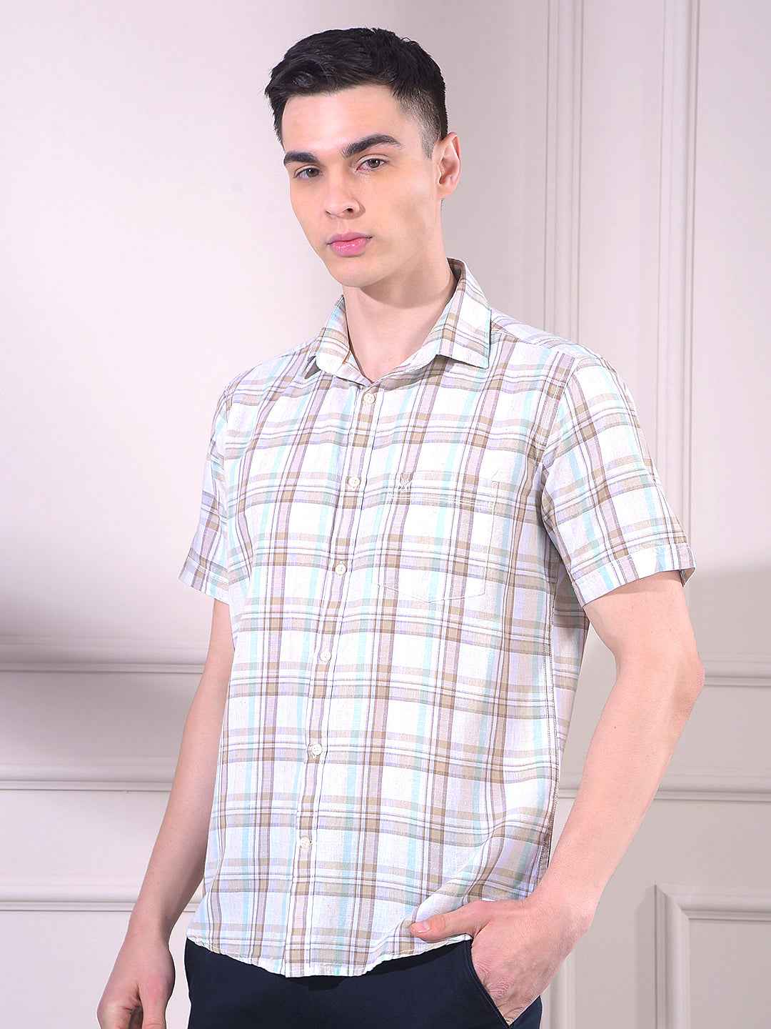 Beige Linen Checked Shirt