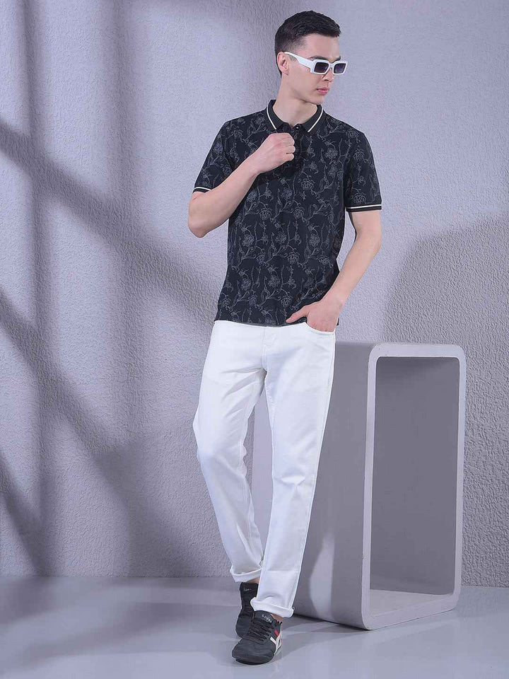 Black Floral Print Polo Neck T-Shirt