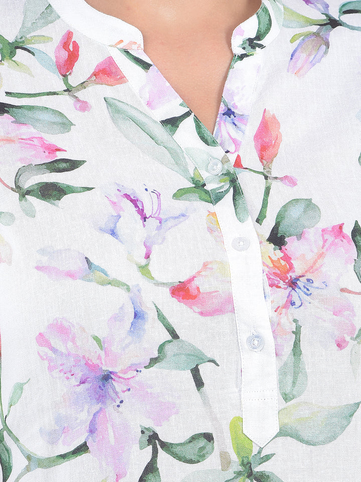 Green Floral Print V-Neck Linen Top