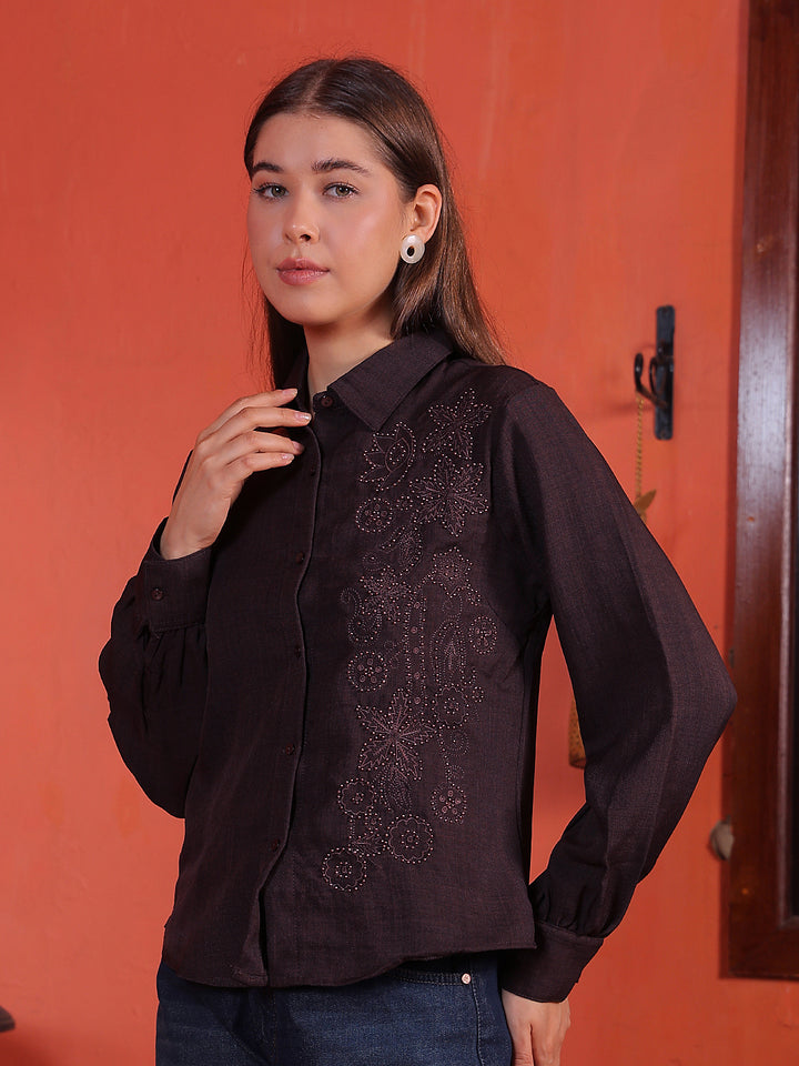 Brown Floral Embroidered Shirt