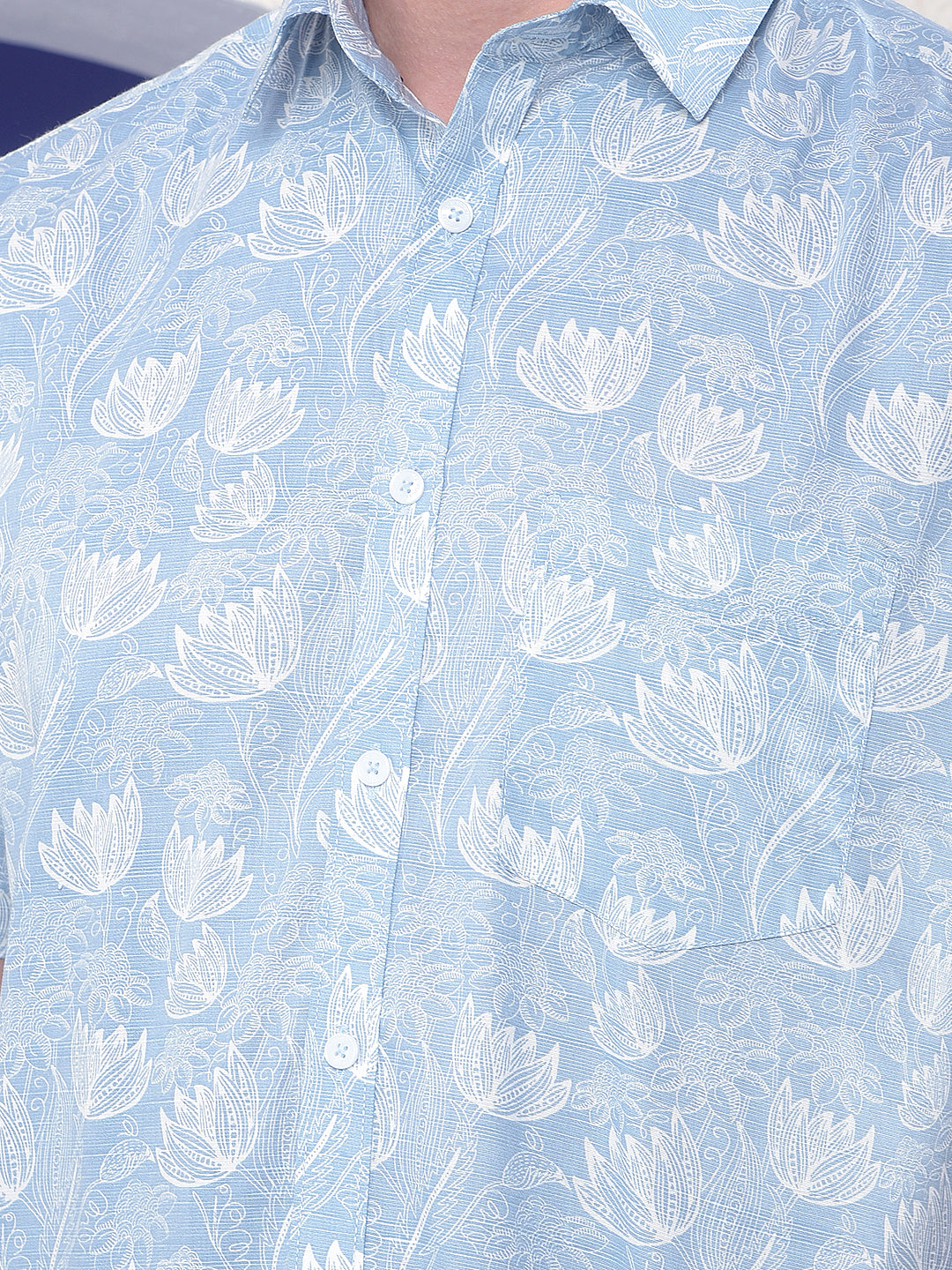 Blue Floral Printed Linen Shirt