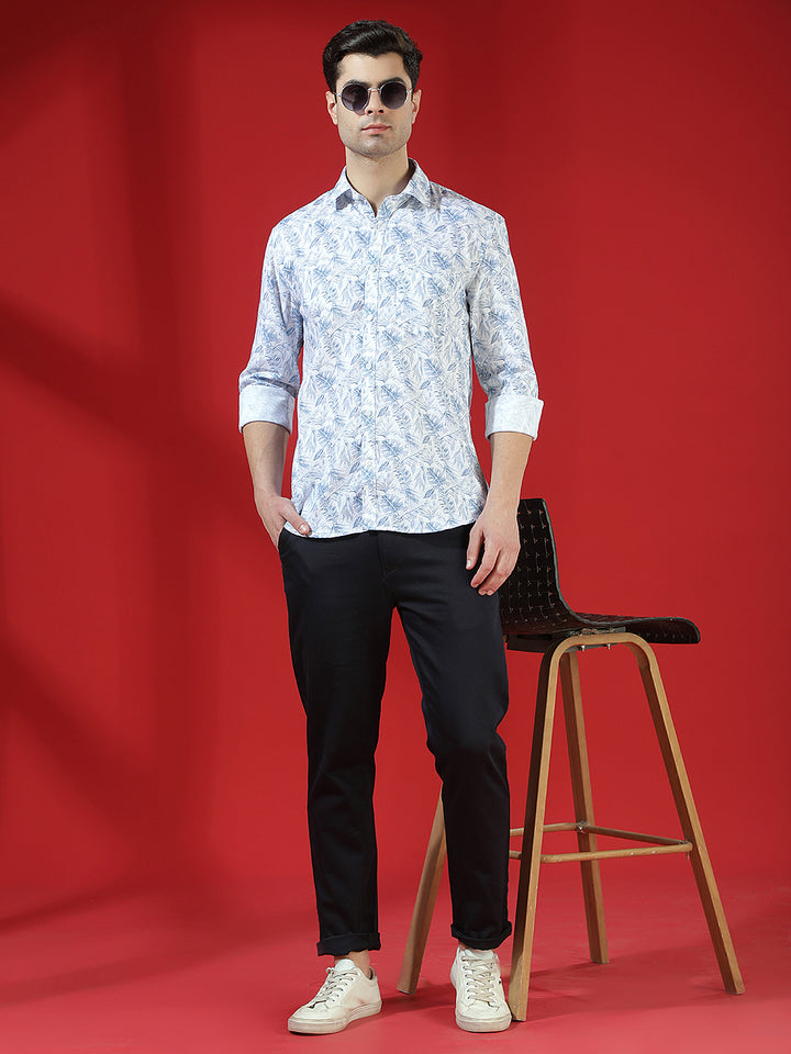 Beige Floral Print Linen Shirt