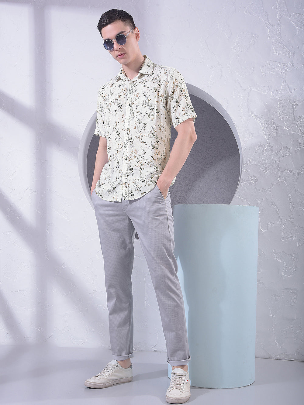 Brown Floral Print Linen Shirt