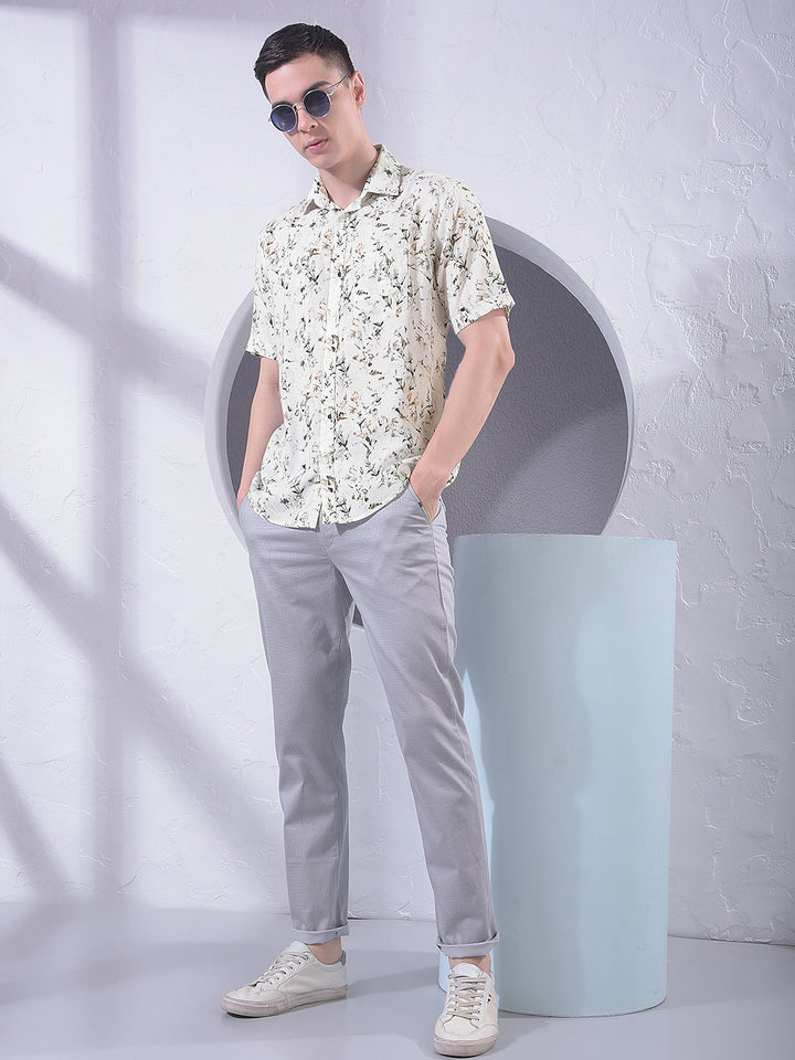 Brown Floral Print Linen Shirt