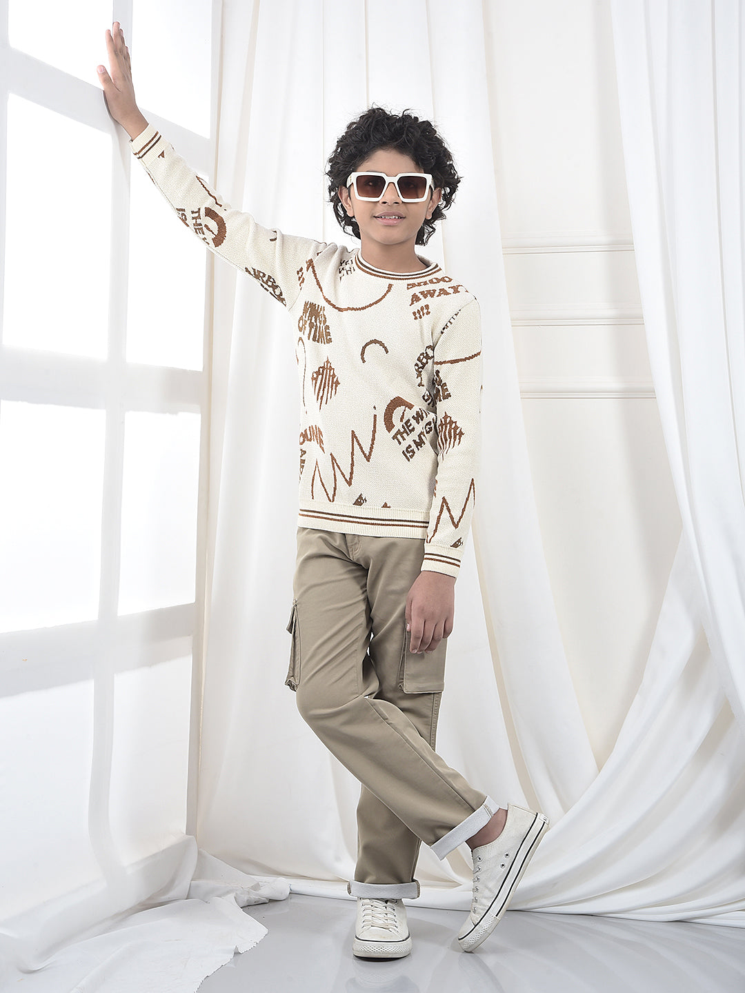 Cream Typographic Print Knitted Sweater