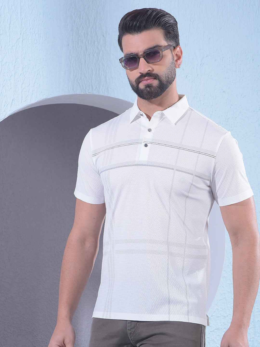 White Checked Polo Neck T-Shirt
