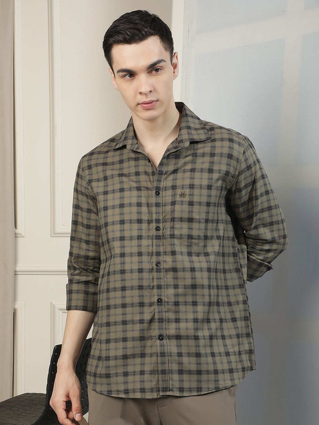 Olive Checked 100% Cotton Shirt