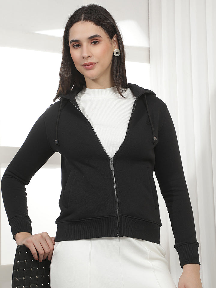 Black Hooded Front-Open Sweatshirt