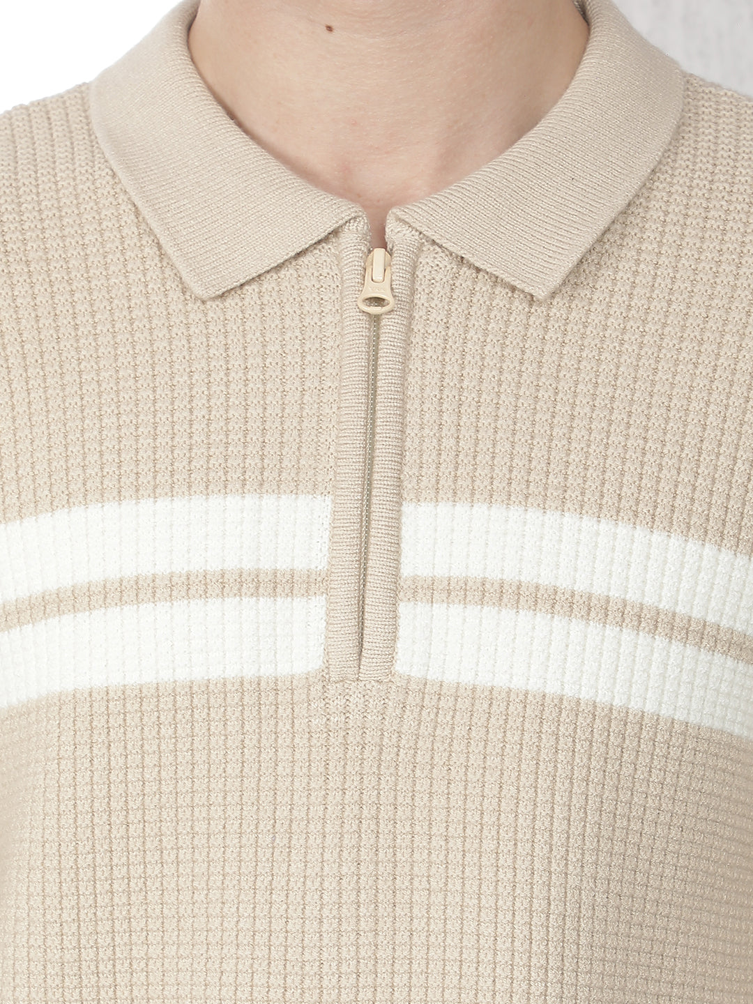 Beige Jacquard Polo Neck Acrylic Sweater